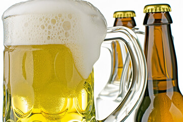A frothy mug and several bottles of beer are shown, with a white background.