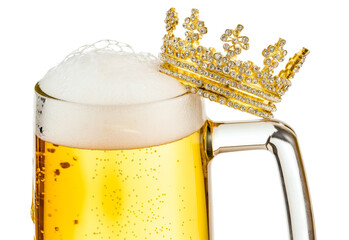 A glass mug of beer with a golden crown resting on the edge.