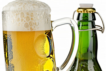 A foamy mug and a bottle of beer are shown on a white background.