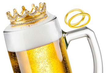 A beer mug with a crown on top and two wedding rings next to it.