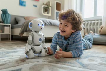 smiling boy playing with ai robot in his room (2)