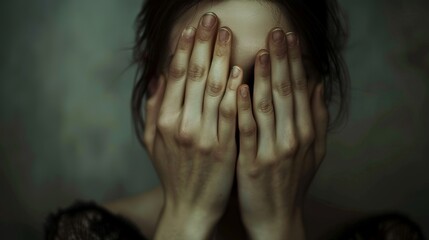 Person covering face with hands - obrazy, fototapety, plakaty