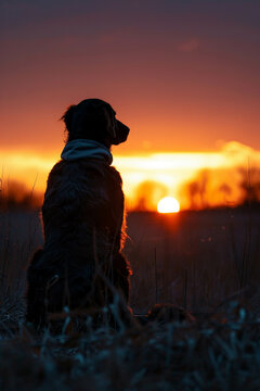 Dog sits patiently, waiting for fathers return, sunset silhouette