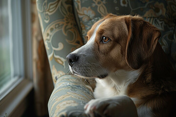 Fathers chair empty, dog waiting faithfully, quiet evening glow