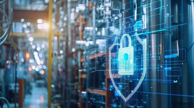Cybersecurity for Industrial Automation.A digital shield protecting a factory network from potential cyberattacks