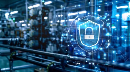 Cybersecurity for Industrial Automation.A digital shield protecting a factory network from potential cyberattacks