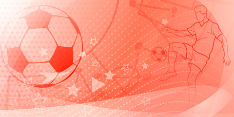 Football themed background in red tones with abstract dotted lines and curves, with sport symbols such as a football player and ball