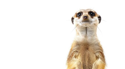 A charming meerkat standing tall, its curious gaze drawing viewers in against a pure white background.
