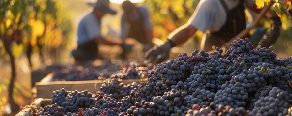 Harvest workers picking grapes in vineyard - obrazy, fototapety, plakaty