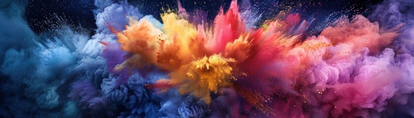 Explosive dance of vibrant powders, a colorful tempest on a night sky background