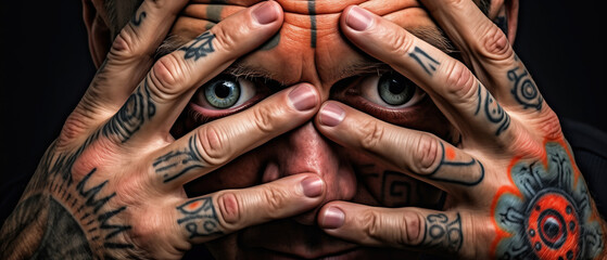 Intriguing gaze through an inked canvas - a tattoo enthusiasts expressive pose. A person with tattooed hands frames their eyes in a captivating display of body art - obrazy, fototapety, plakaty