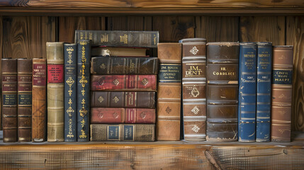 Vintage Collection of JM Dent Classical Literature Nestled on Worn Wooden Shelf