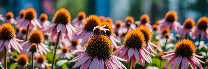 Detailed view of bumblebees on Echinacea. - obrazy, fototapety, plakaty