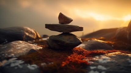 pebbles balancing on black plank on round stone with shade and placed on rock on white surface against gray wall in day - obrazy, fototapety, plakaty