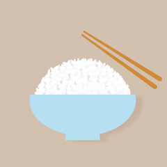 Rice bowl with chopsticks on brown background vector.