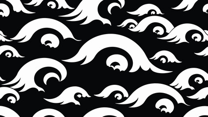 Abstract black and white wave seamless pattern illustration. Vintage asian ocean water background in hand drawn art style. Traditional japanese ornament texture, repeating oriental wallpaper