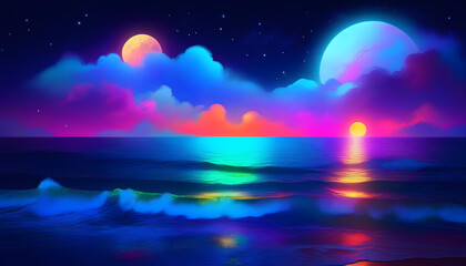 Fototapeta na wymiar A neon light art piece depicting a moonlit seascape with clouds, moon, and stars in vibrant colors