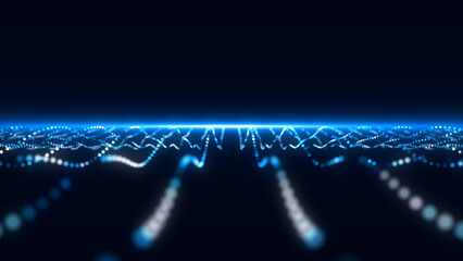 Colors wave with motion dots. Abstract digital background. Concept connection big data. Futuristic technology backdrop. 3D rendering.