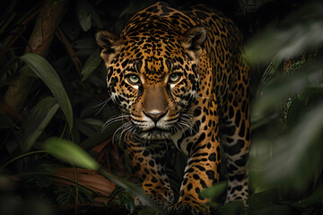 In the Heart of the Jungle: An Intimate Glimpse into the Life of a Majestic Jaguar - obrazy, fototapety, plakaty