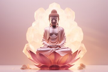 The translucent kind Buddha with a transparent light pink glass lotus, a light golden gradient minimalist background, the unique reflected light