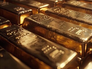 Stacked gold bars gleaming in a vault, with markings that signify purity and weight, embodying financial stability and valuable assets. gold, bars, wealth, vault, gleaming, markings, purity, weight