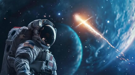 Astronaut watching a comet or asteroid pass from space over Earth in high resolution and high quality. CONCEPT universe, comets, danger - obrazy, fototapety, plakaty