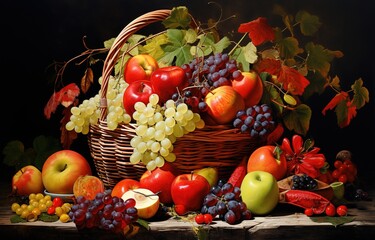 rattan basket filled with fresh organic fruit on a wooden table with a black background
