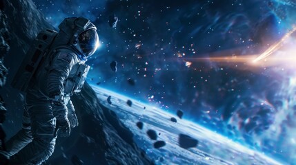 Astronaut watching a comet or asteroid pass from space over Earth in high resolution and high quality. CONCEPT universe, comets, danger, extinction - obrazy, fototapety, plakaty