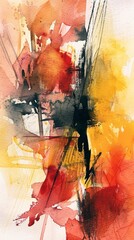 Abstract watercolor painting with warm color splashes