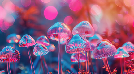 A close-up of a group of delicate pastel pink and orange mushrooms in various shapes. Abstract background in purple colors. Wallpaper