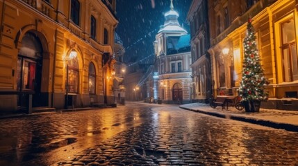 Night Lviv old city architecture in the Christmas - obrazy, fototapety, plakaty