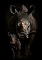 Adult rhinoceros portrait with small calf against dark background
