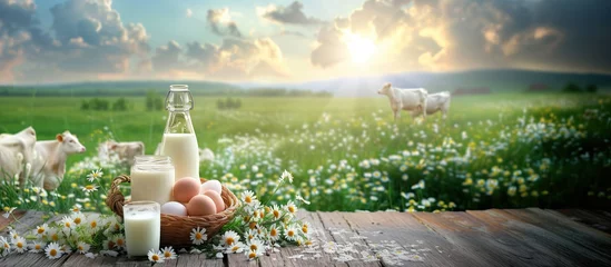 Papier Peint photo Lavable Couleur pistache Fresh dairy products in glasses, cheese and bottles and fresh eggs in baskets on wooden table with video of beautiful meadow landscape and clear sky. Advertising poster with space for text or label.