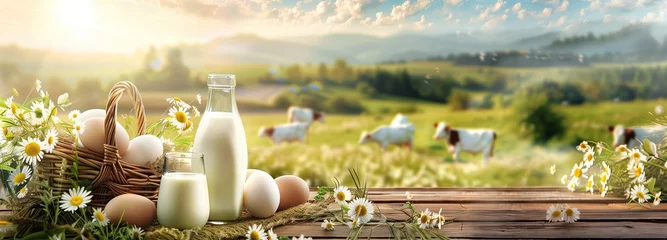 Cercles muraux Couleur miel Fresh dairy products in glasses, cheese and bottles and fresh eggs in baskets on wooden table with video of beautiful meadow landscape and clear sky. Advertising poster with space for text or label.
