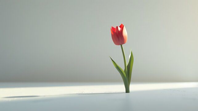 Single red tulip stands tall against white wall, single red tulip stands out against white wall.