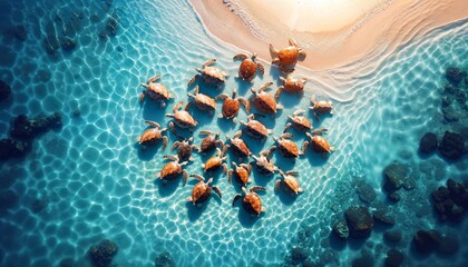 Sea turtles gathering in a crystal lagoon from above, sun casting glimmers on the water. Clear blue waters, harmonious turtle formation, serene ocean view. - obrazy, fototapety, plakaty