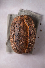 Sourdough bread. Freshly baked organic wheat bread. Top view