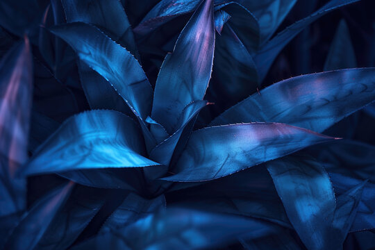 shiny and  spiky blue agave leaves close up background