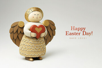 Angel guardian with red heart in hands, wood cute mascot - 764083446