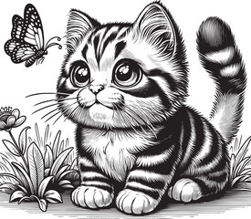 Vector sketch of a stylized kitten's portrait black and white illustration