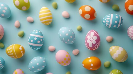 Easter eggs painted in pastel colors against blue background, Easter eggs on blue background.