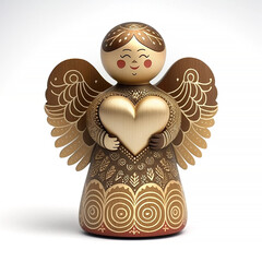 Folk style naive angel holds gold heart, wood toy