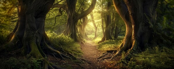 Enchanted forest trail with sunlight