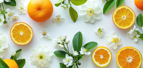 fresh orange fruits with flowers and leaves scatted on a white background