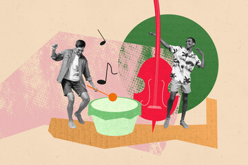 Creative collage young two dancing men artists musicial instruments players violin guitar drummer...