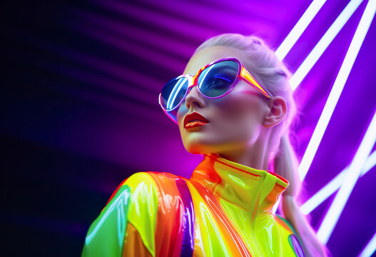 Futuristic neon fashion and fluorescent vibrance color and showing glossy chrome texture of clothes.cyber punk stylish design