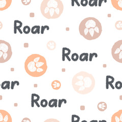 Seamless pattern with doodle dinosaur footprints and roar. Pastel dinos paws on white background. Vector illustration. For fabric, textile, wallpaper, wrapping paper