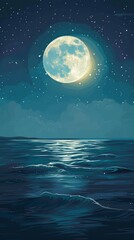 Fototapeta na wymiar Full moon over calm sea at night