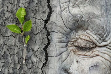 The contrast between wrinkled skin and a fresh plant sapling futuristic