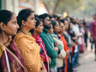 Indian women stand in line, Indian women stand in line.